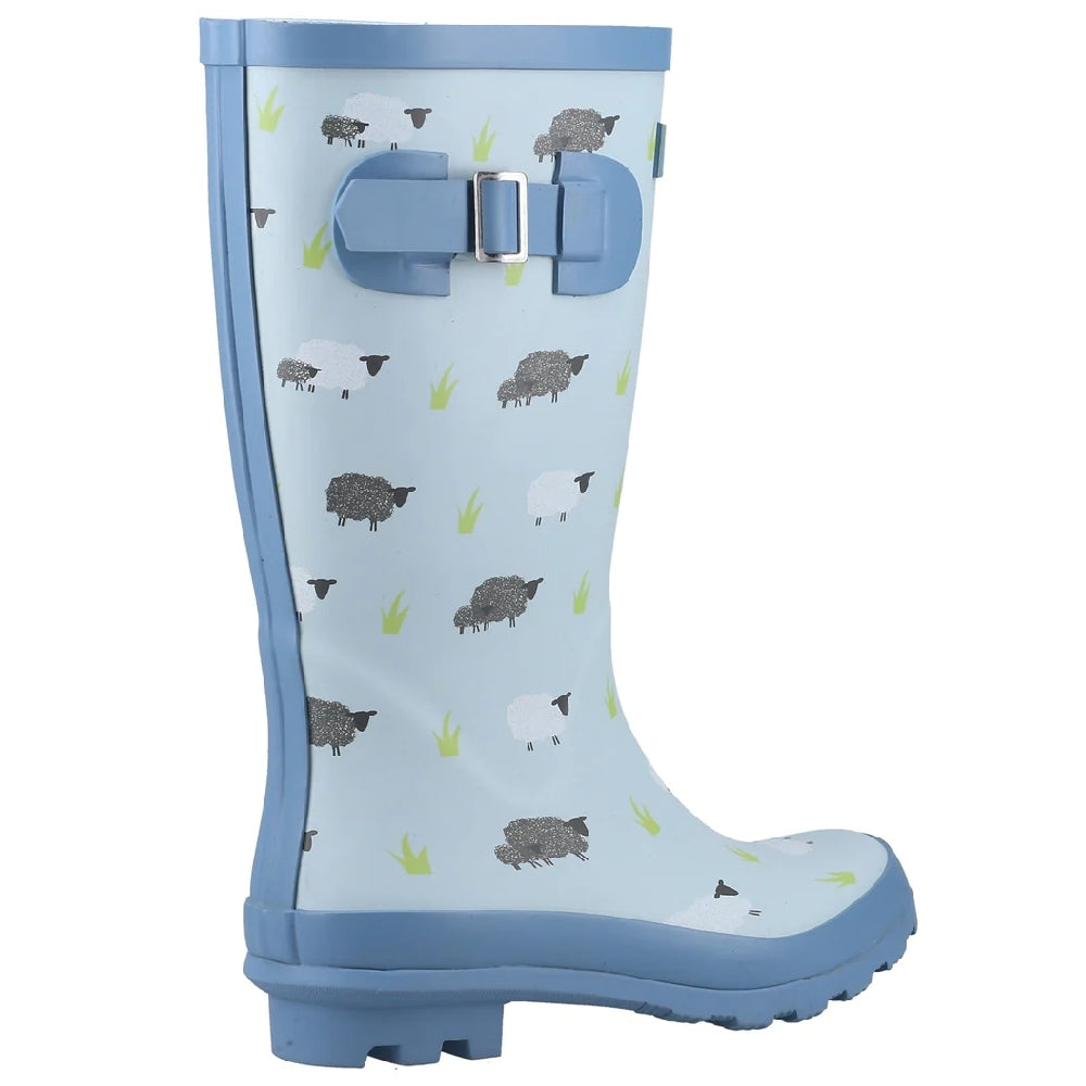 Cotswold Childrens Farmyard Wellington Boots in Sheep Print Blue 