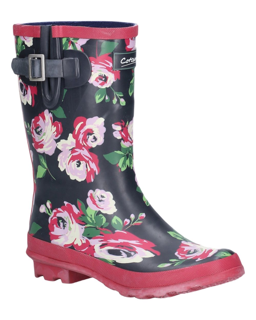 Cotswold Paxford Elasticated Mid Calf Wellington Boots In Black Flowers 