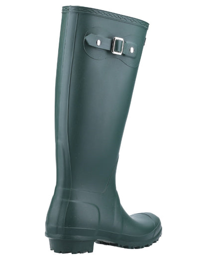 Green coloured Cotswold Sandringham Buckle Strap Wellingtons on white background 