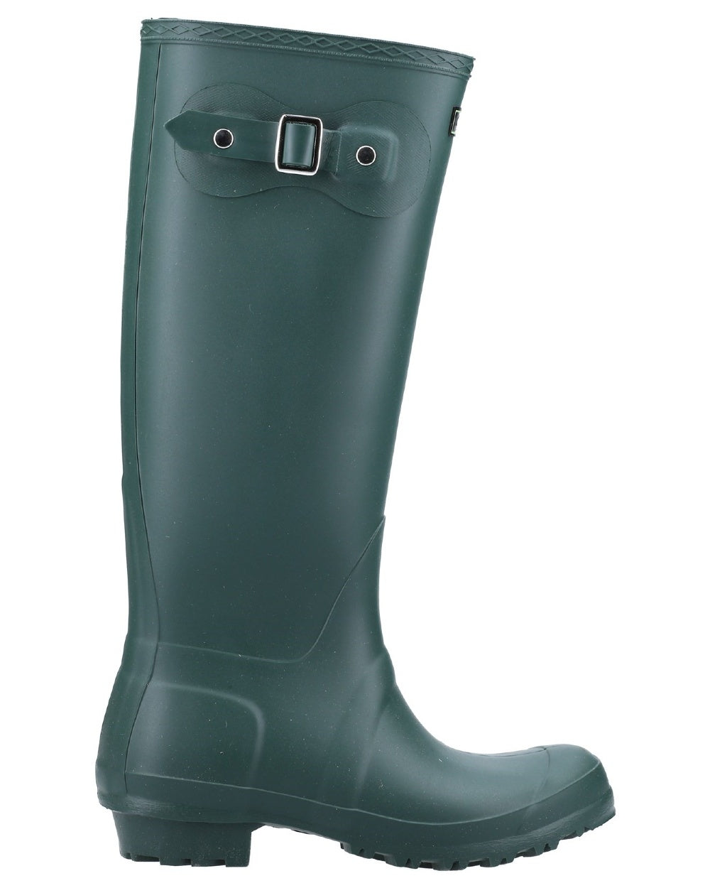 Green coloured Cotswold Sandringham Buckle Strap Wellingtons on white background 