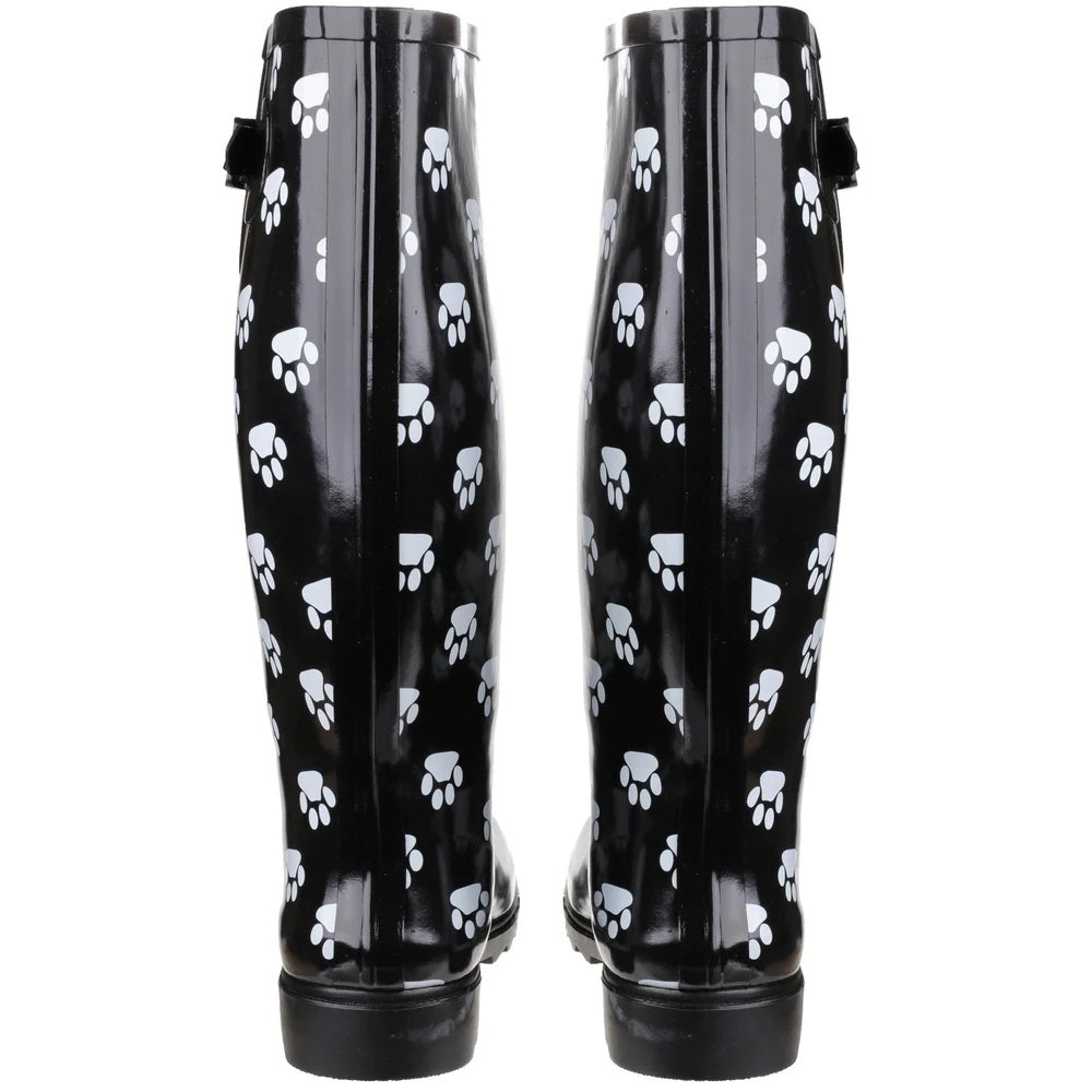 Cotswold Womens Dog Paw Wellington Boots in Black/white