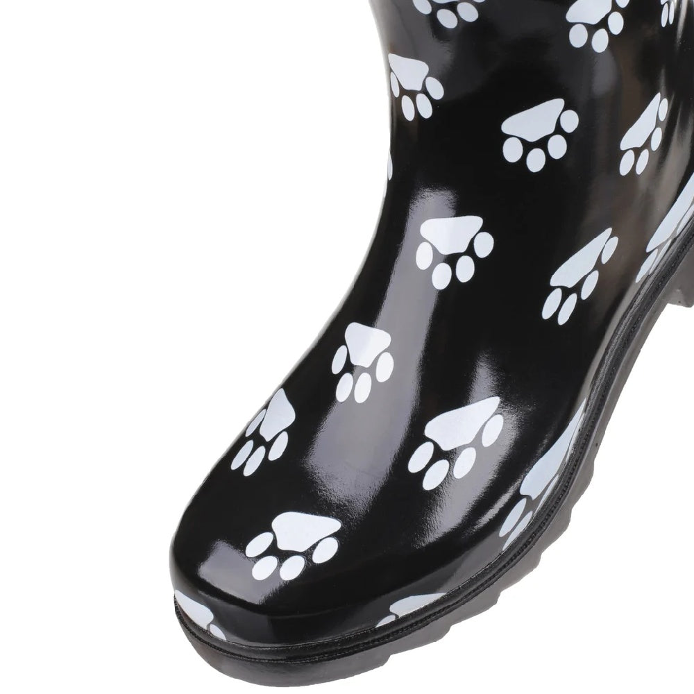 Cotswold Womens Dog Paw Wellington Boots in Black/white