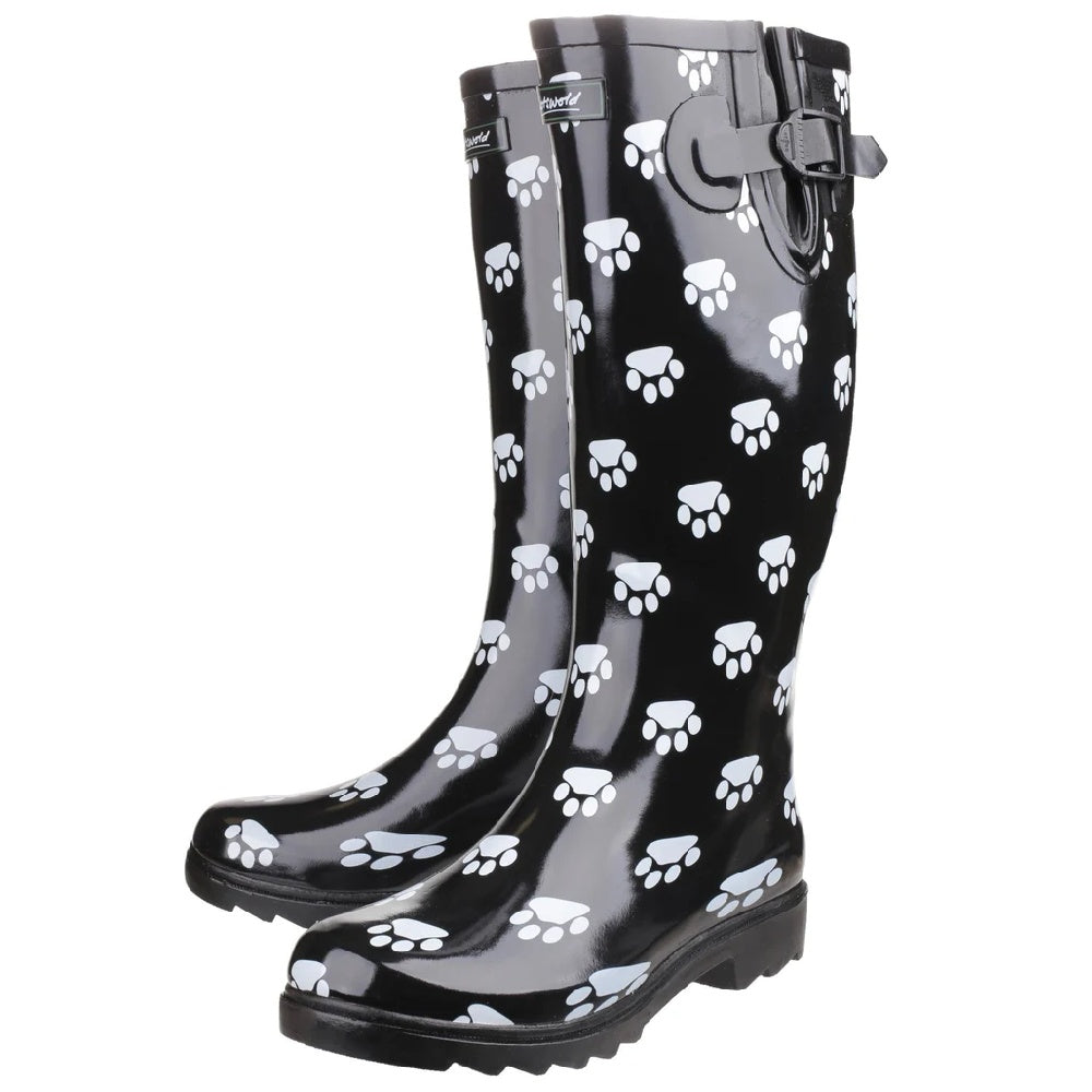 Cotswold Womens Dog Paw Wellington Boots in Black/white