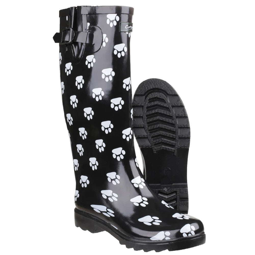 Cotswold Womens Dog Paw Wellington Boots in Black/white