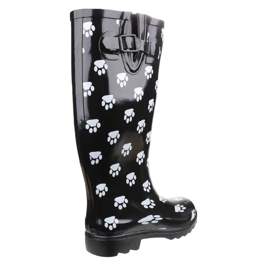 Cotswold Womens Dog Paw Wellington Boots in Black/white