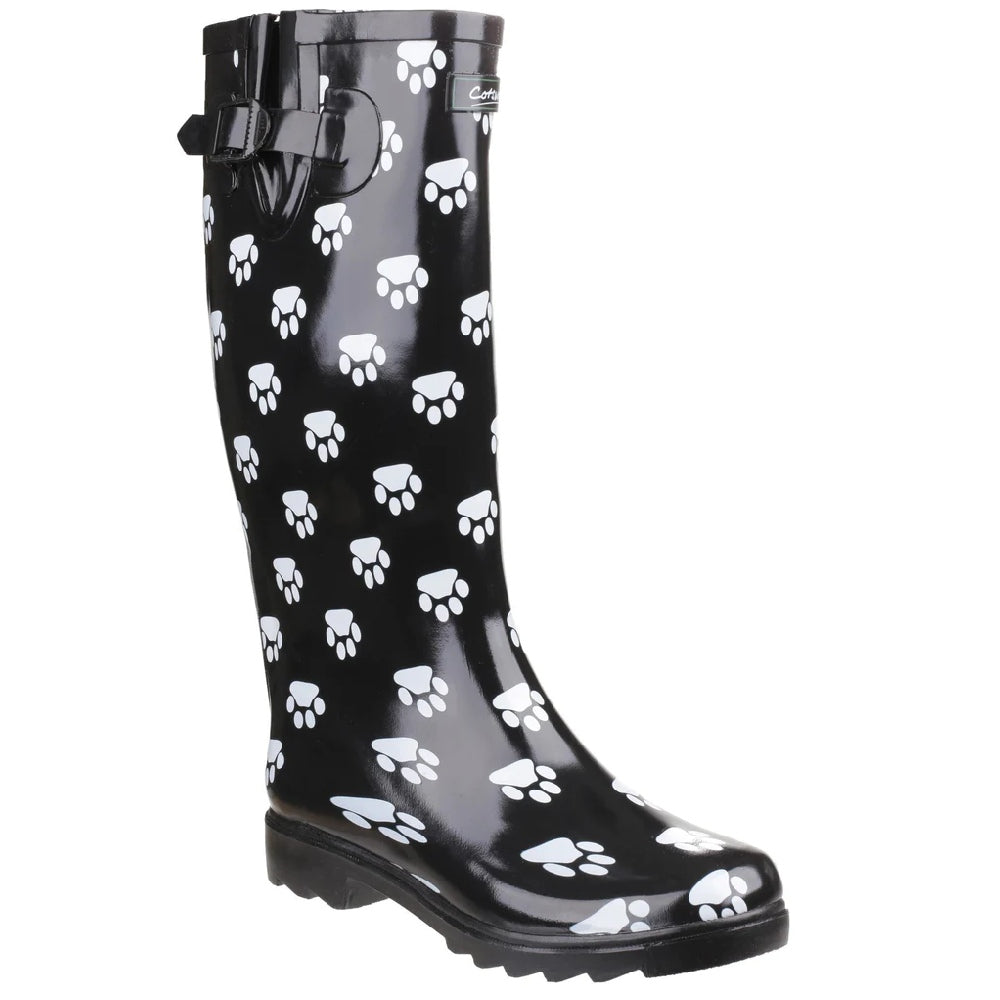 Cotswold Womens Dog Paw Wellington Boots in Black/white