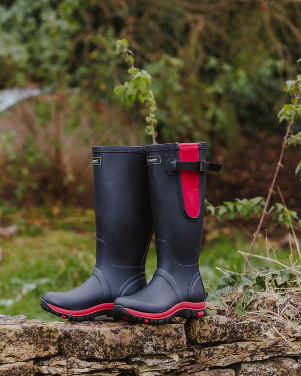Navy Pink coloured Cotswold Womens Milton Adjustable Wellingtons on forest background 