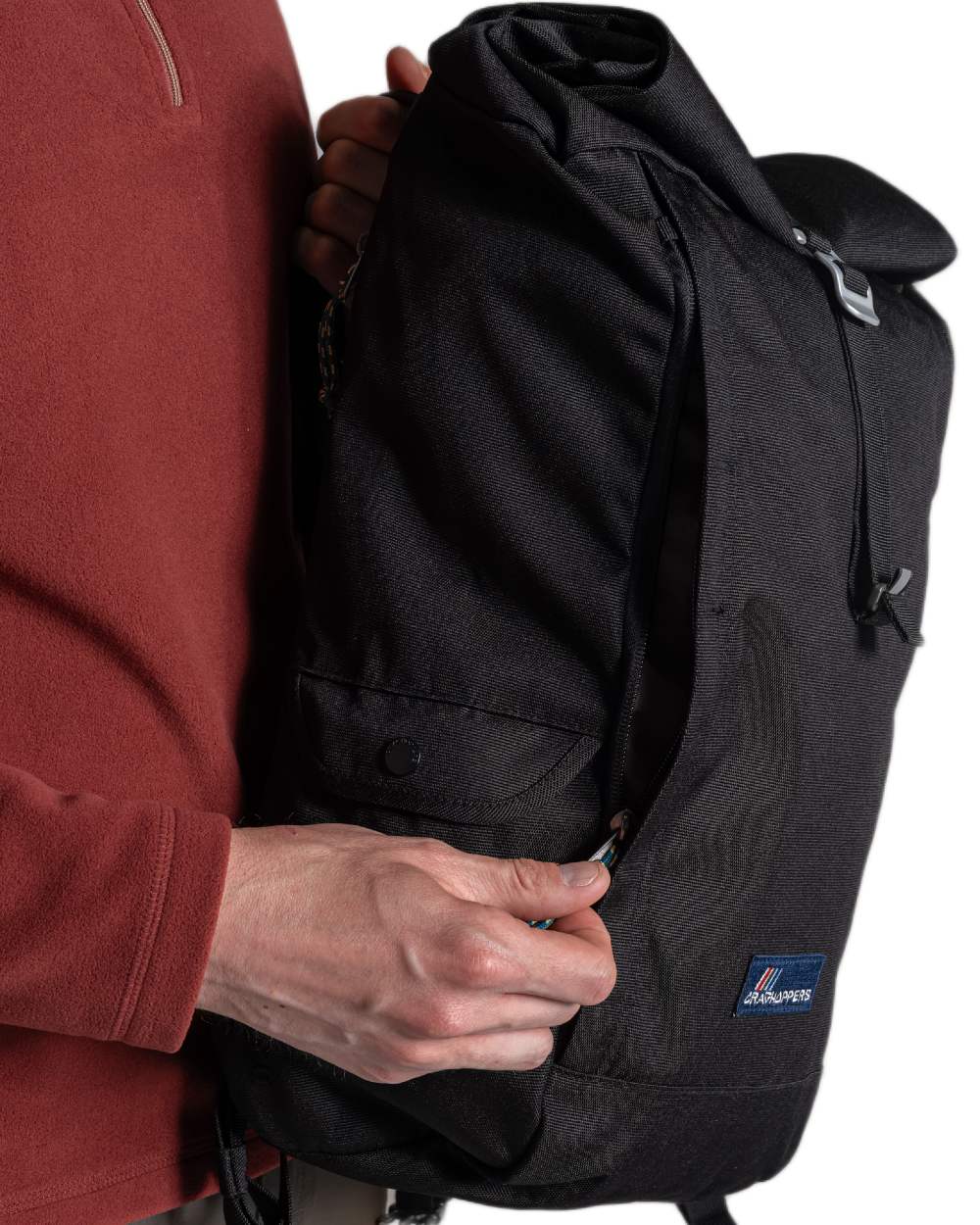 Black coloured Craghoppers 20L Kiwi Classic Rolltop Backpack II on white background 