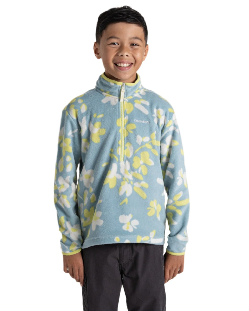 Sky Blue Print Coloured Craghoppers Childrens Bachas Half Zip Fleece on white background 