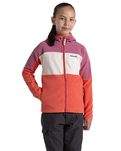 Dusky Hibiscus Deep Coral Coloured Craghoppers Childrens Bindloe Hooded Fleece Jacket on white background 