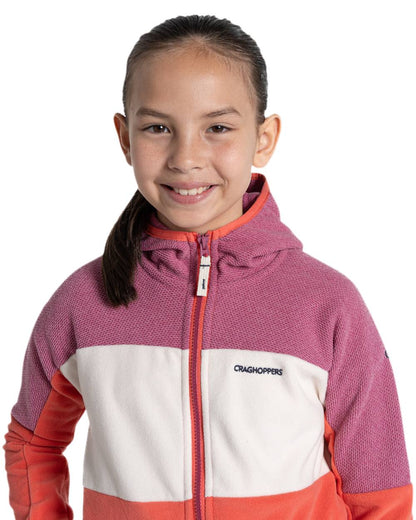 Dusky Hibiscus Deep Coral Coloured Craghoppers Childrens Bindloe Hooded Fleece Jacket on white background 