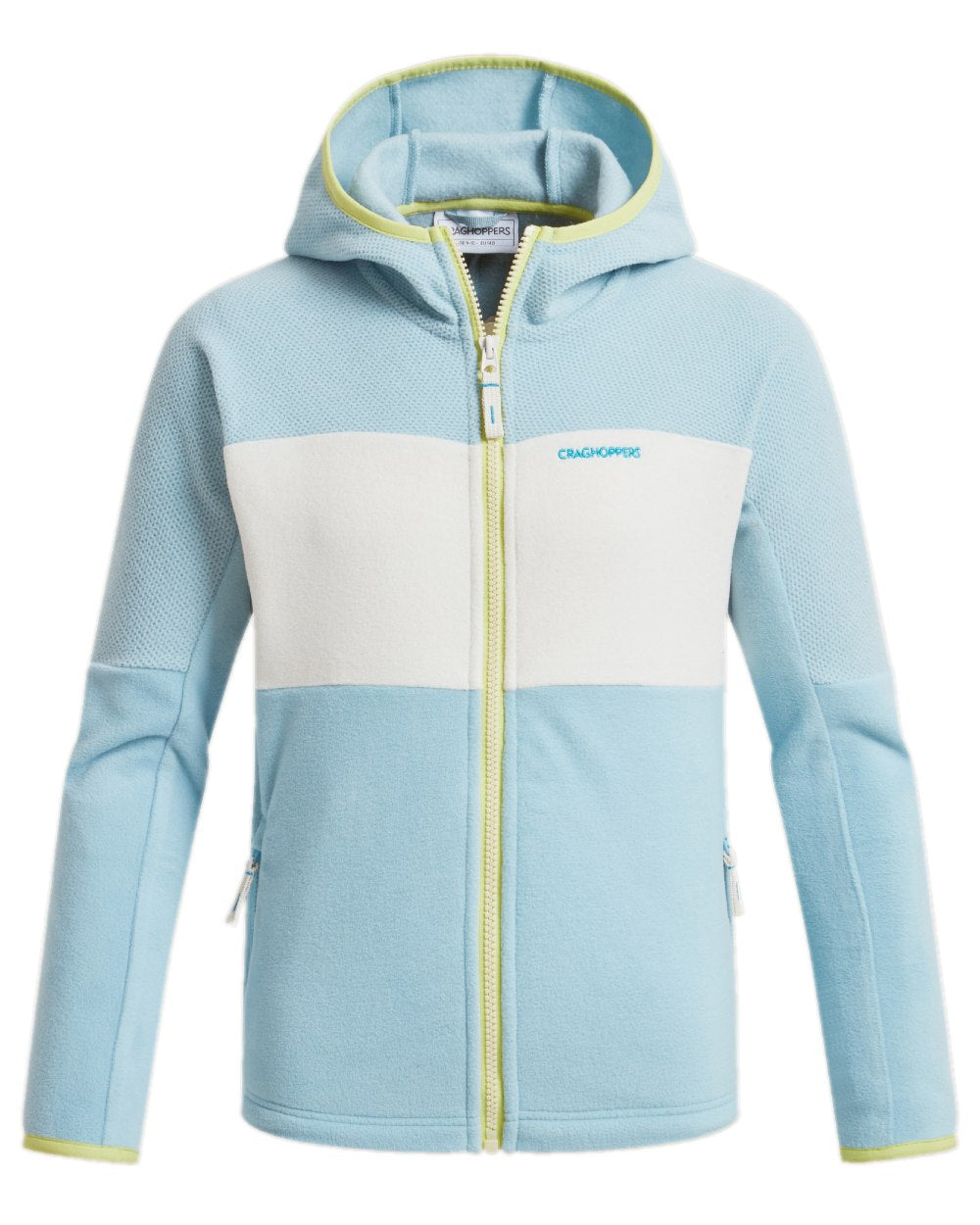Sky Blue Coloured Craghoppers Childrens Bindloe Hooded Fleece Jacket on white background 