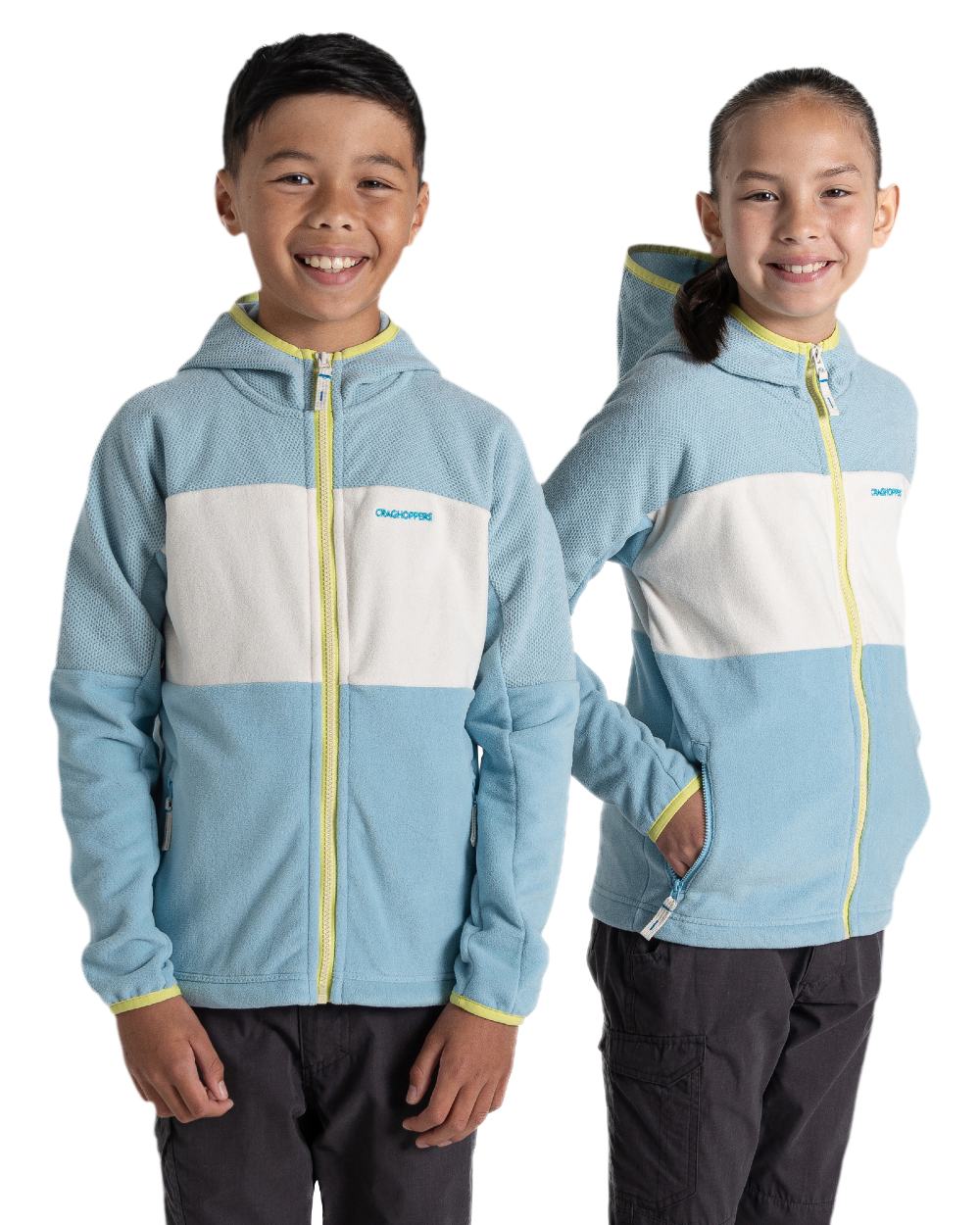 Sky Blue Coloured Craghoppers Childrens Bindloe Hooded Fleece Jacket on white background 