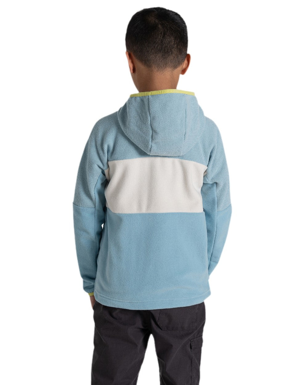Sky Blue Coloured Craghoppers Childrens Bindloe Hooded Fleece Jacket on white background 