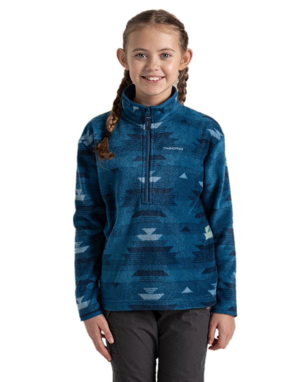 Blue Navy Print Coloured Craghoppers Childrens Calke Half Zip Fleece on white background 