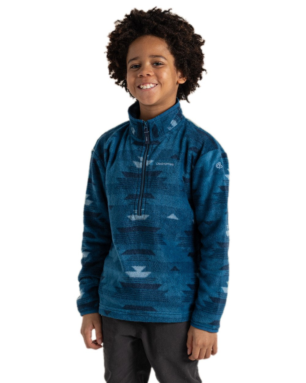Blue Navy Print Coloured Craghoppers Childrens Calke Half Zip Fleece on white background 