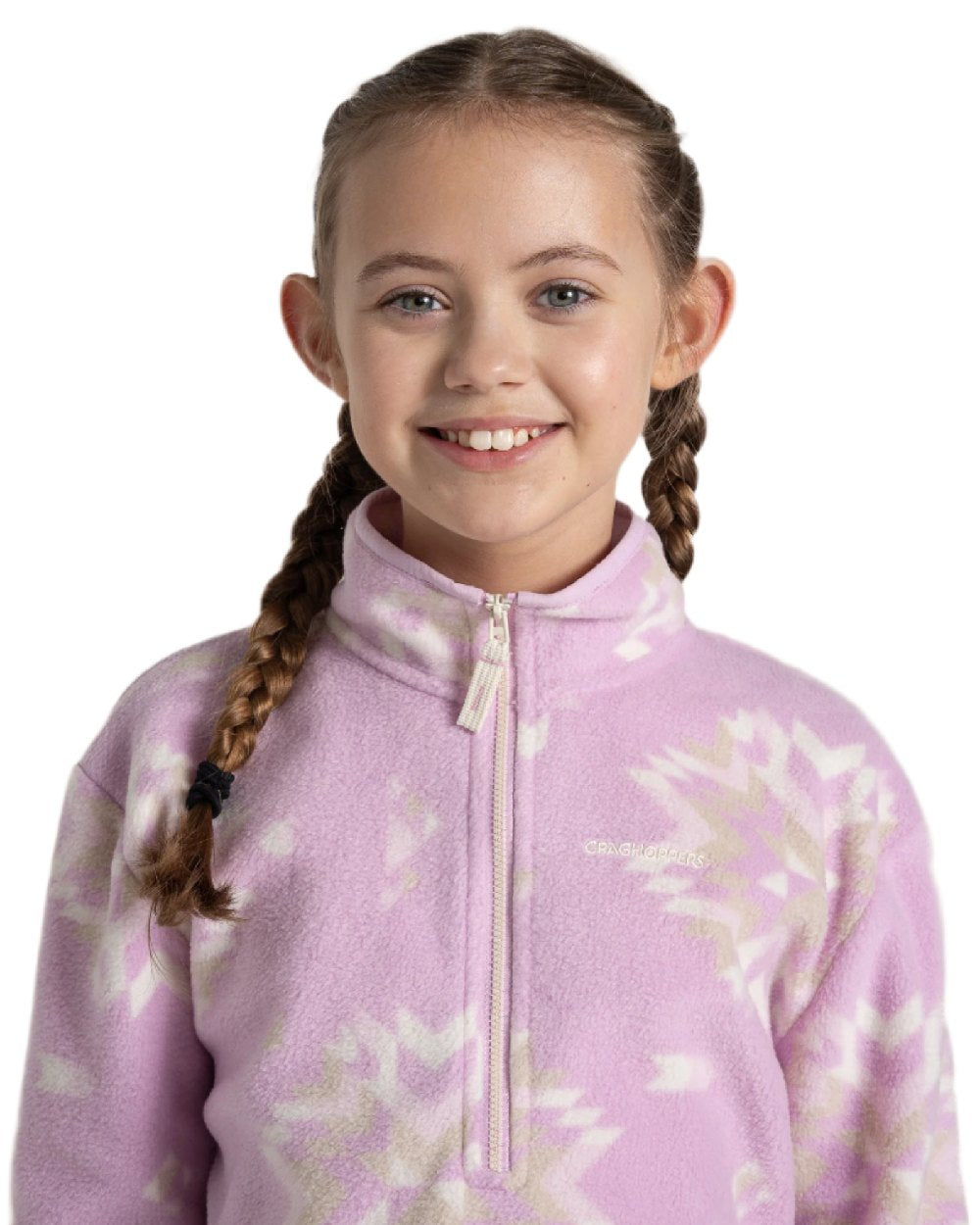 Orchid Print Coloured Craghoppers Childrens Calke Half Zip Fleece on white background 
