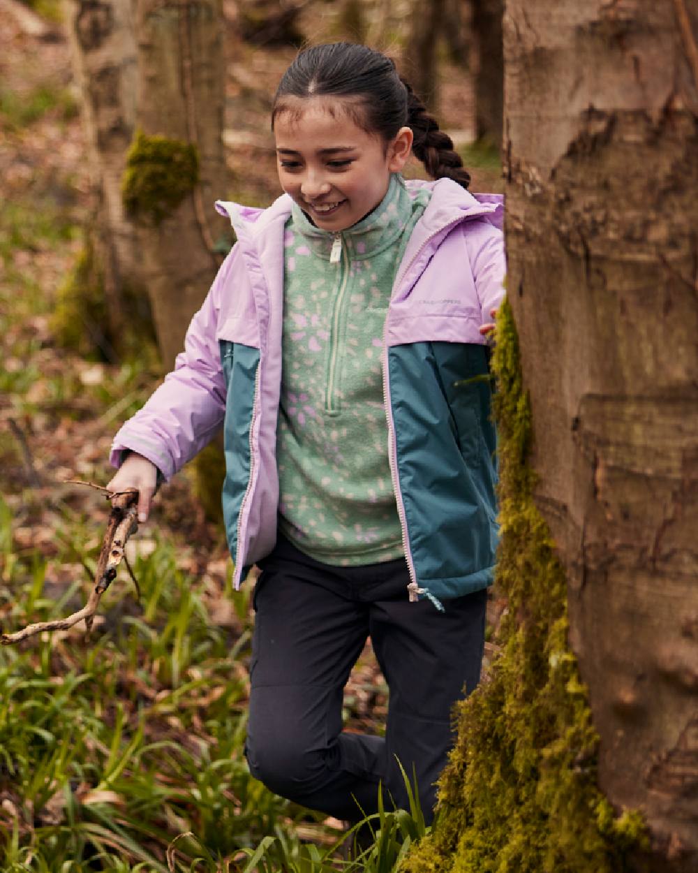 Pale Pistachio Print Coloured Craghoppers Childrens Calke Half Zip Fleece on outdoor background 
