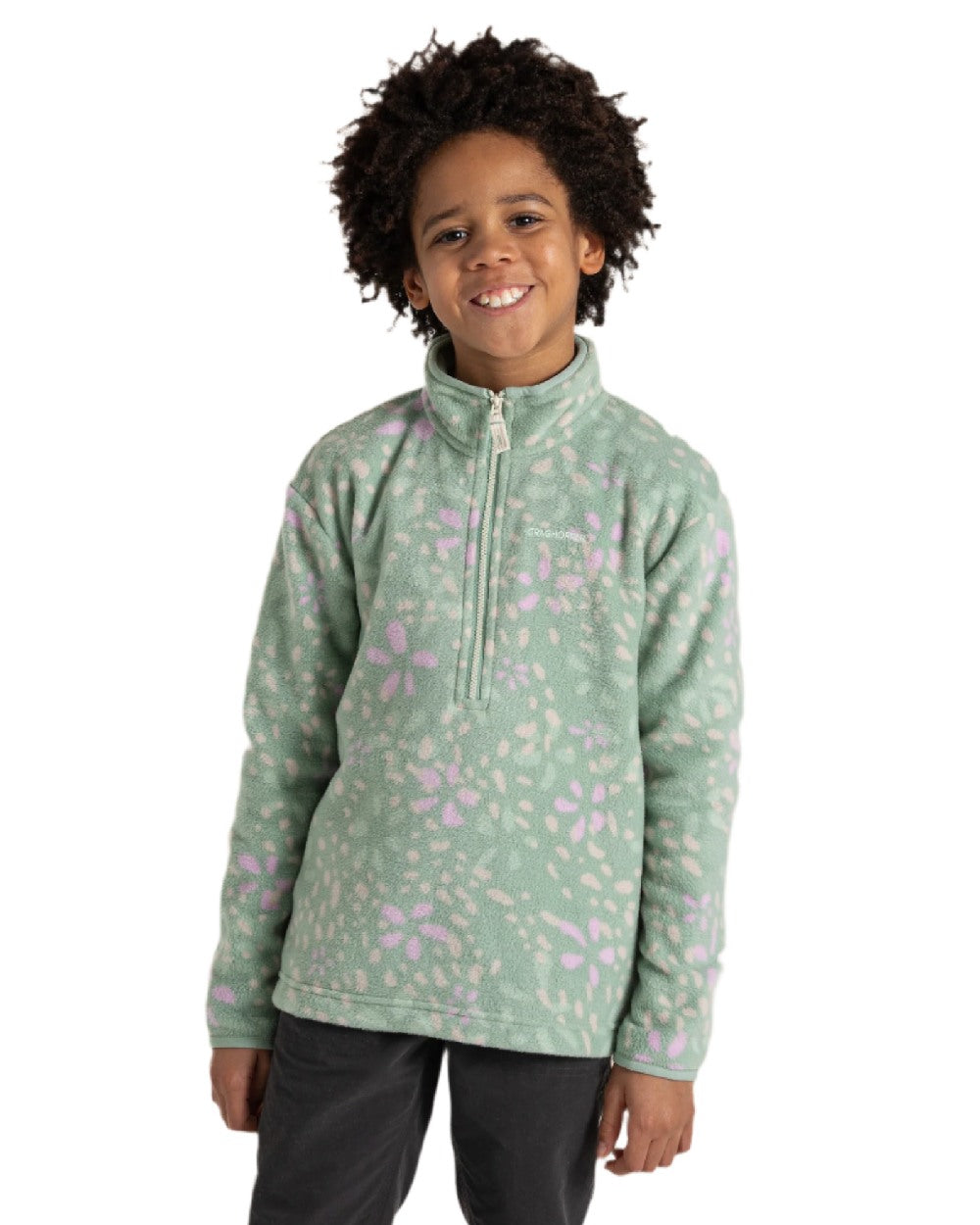 Pale Pistachio Print Coloured Craghoppers Childrens Calke Half Zip Fleece on white background 