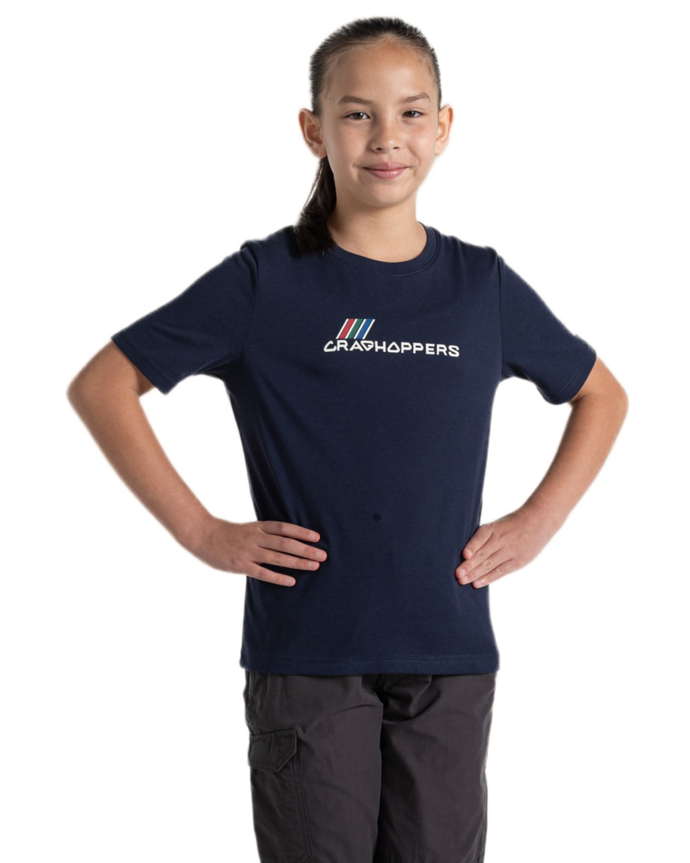 Blue Navy Brand Carrier coloured Craghoppers Childrens Ellis Short Sleeved T-Shirt on white background 
