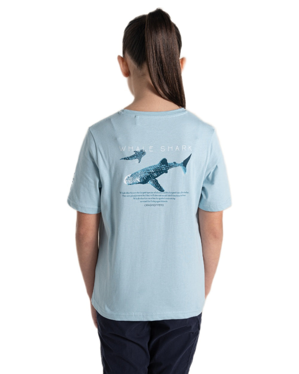 Sky Blue coloured Craghoppers Childrens Ellis Short Sleeved T-Shirt on white background 