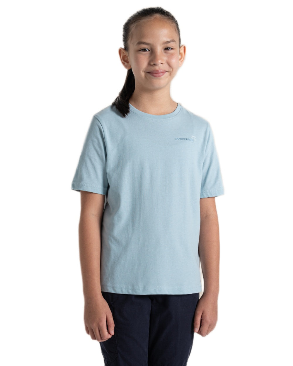 Sky Blue coloured Craghoppers Childrens Ellis Short Sleeved T-Shirt on white background 