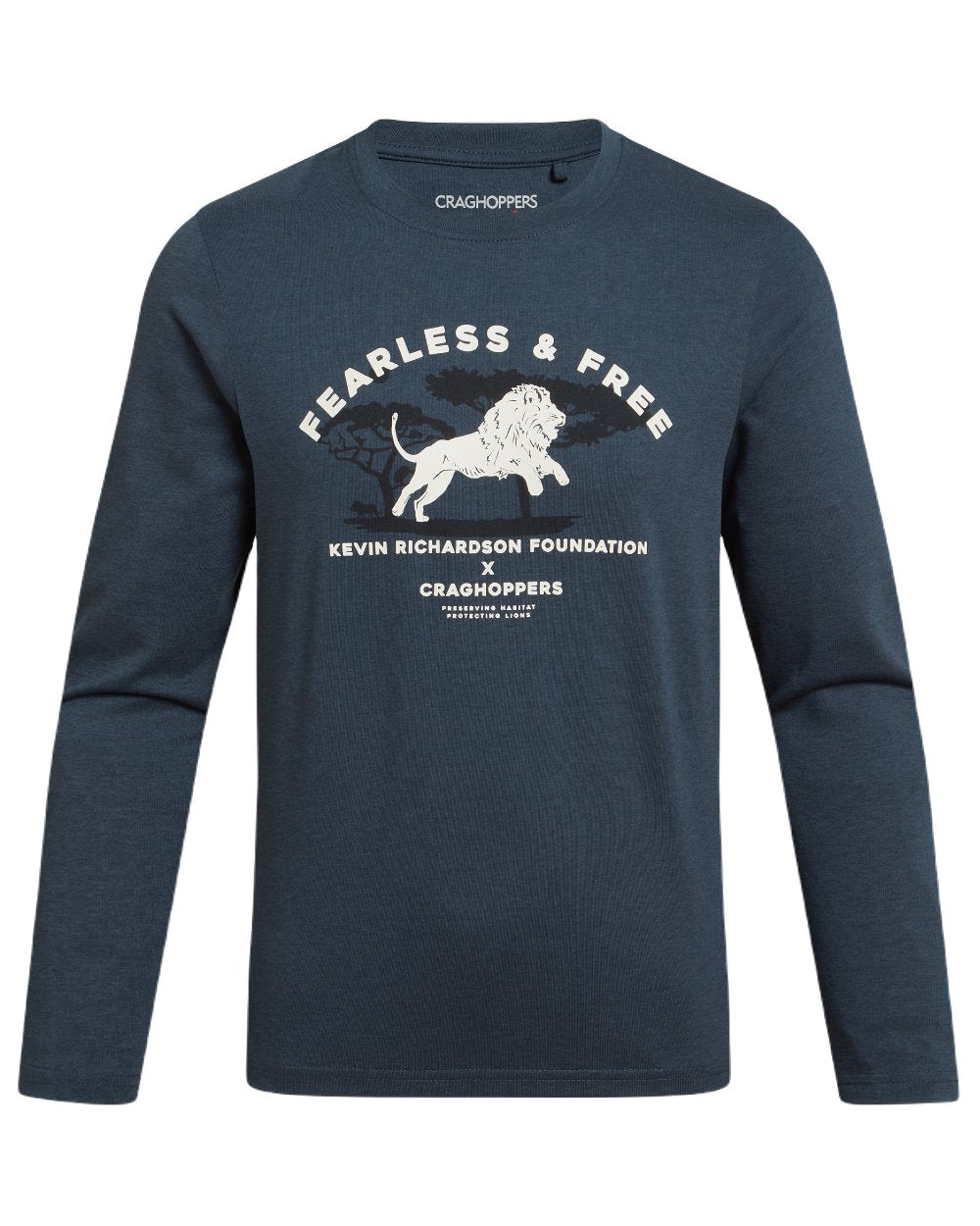 Blue Stone Lion coloured Craghoppers Childrens Nosilife Cruz Long Sleeved T-Shirt on white background 