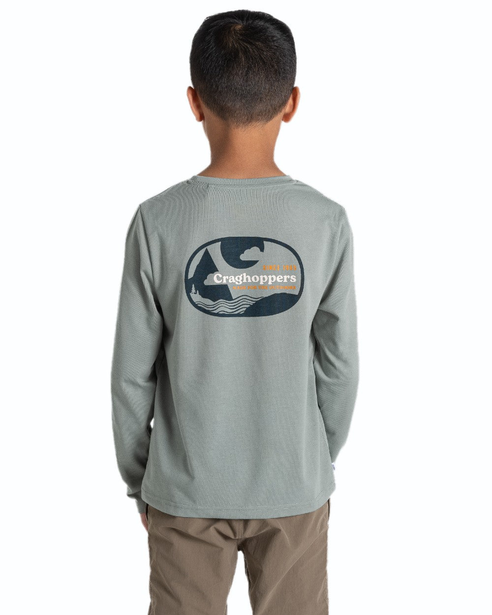 Lichen Green coloured Craghoppers Childrens Nosilife Cruz Long Sleeved T-Shirt on white background 
