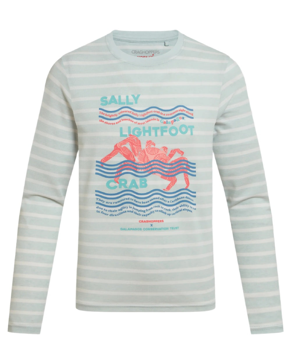 Nimbus Blue Stripe coloured Craghoppers Childrens Nosilife Cruz Long Sleeved T-Shirt on white background 