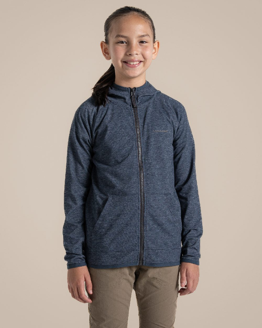 Blue Navy Marl Coloured Craghoppers Kids Nosi Life Frey Hooded Jacket on Beige Background 