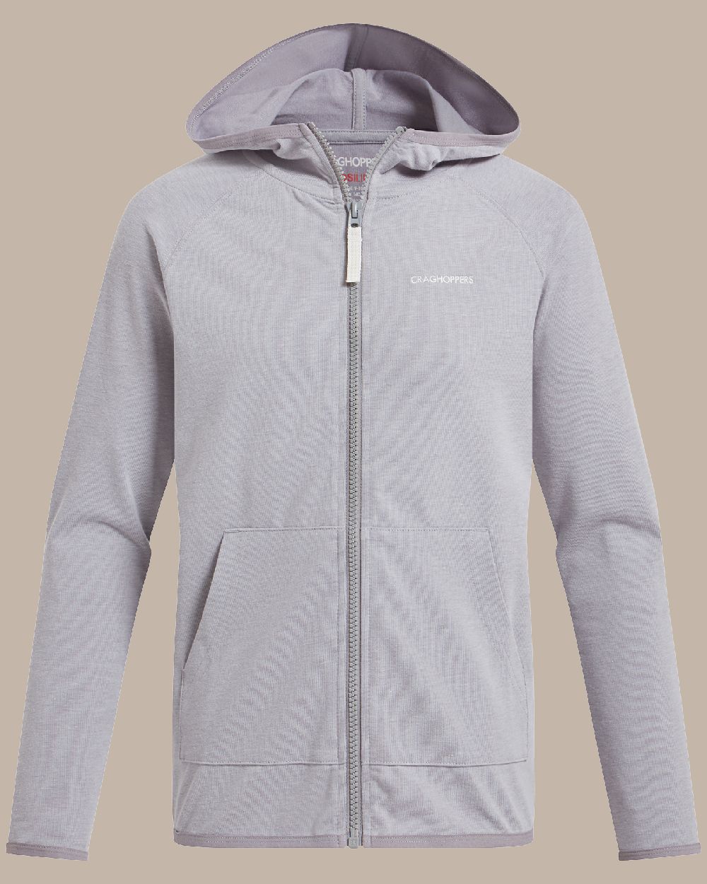 Soft Grey Marl Coloured Craghoppers Kids Nosi Life Frey Hooded Jacket on Beige Background 
