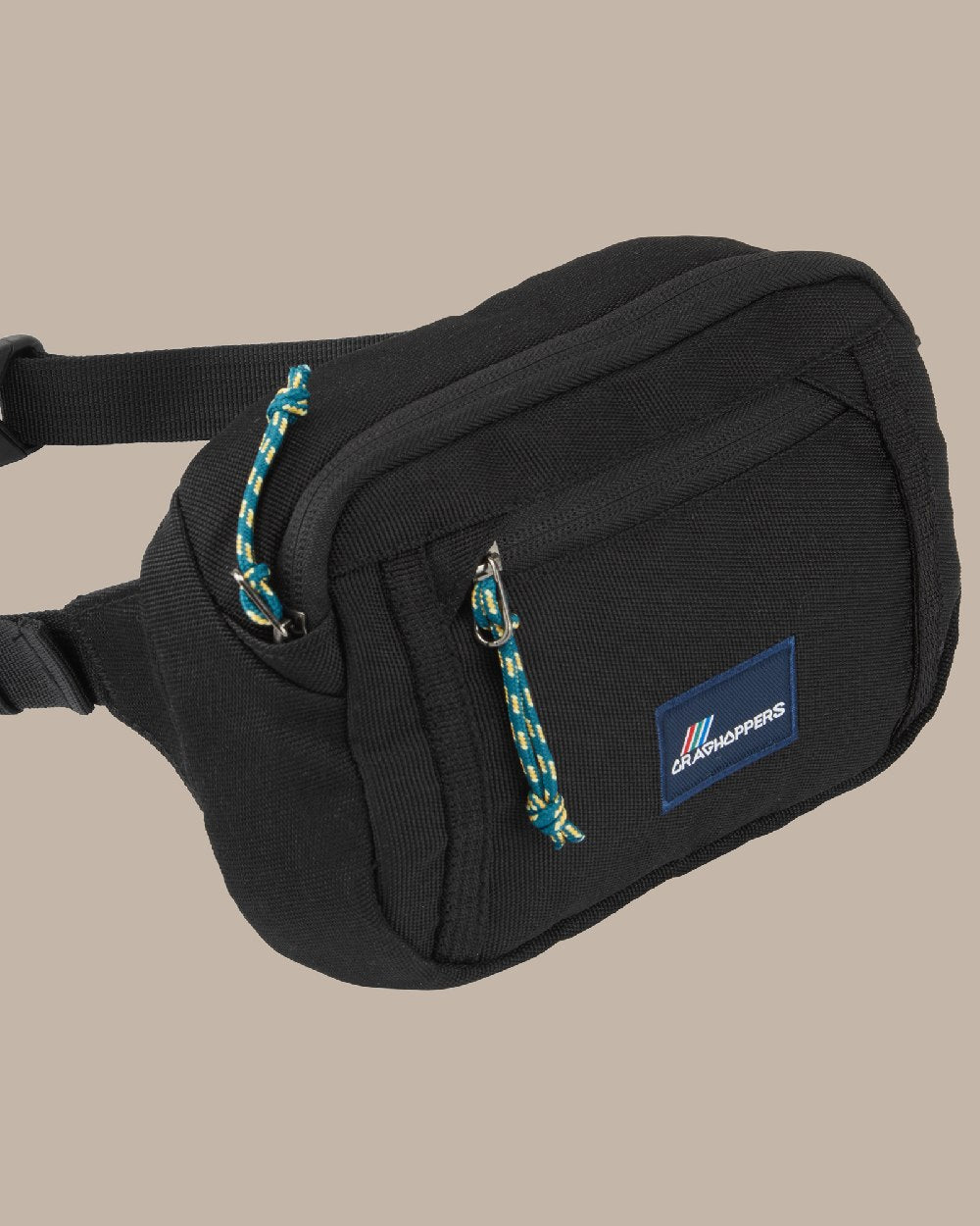 Black Coloured Craghoppers Kiwi Waistpack on Beige Background 
