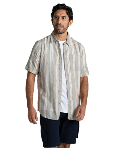 Lichen Green Stripe Coloured Craghoppers Mens Argino Short Sleeved Shirt on white background 