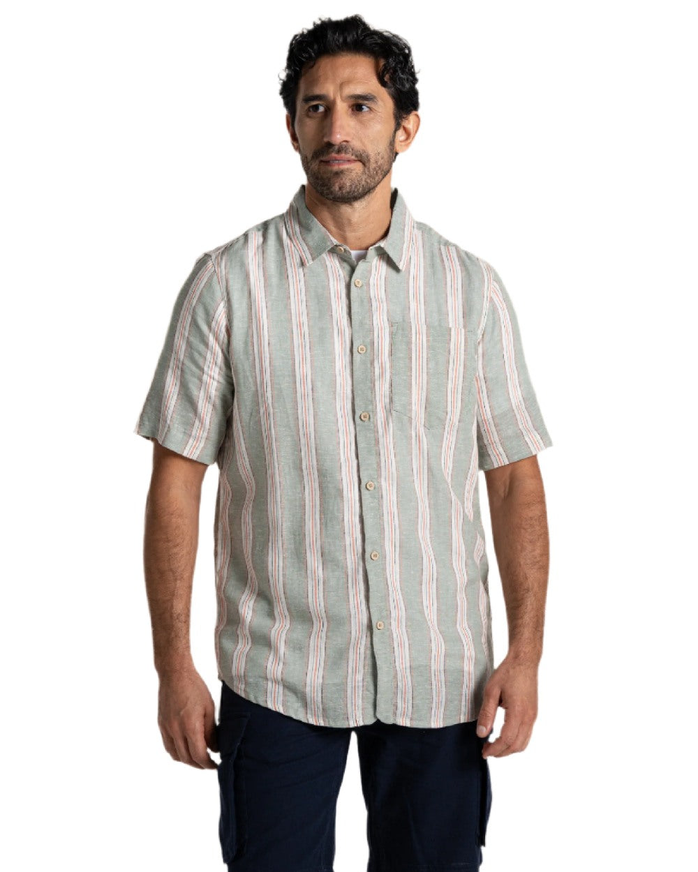 Lichen Green Stripe Coloured Craghoppers Mens Argino Short Sleeved Shirt on white background 