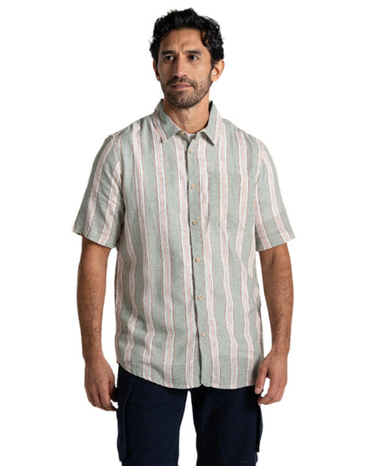 Lichen Green Stripe Coloured Craghoppers Mens Argino Short Sleeved Shirt on white background 