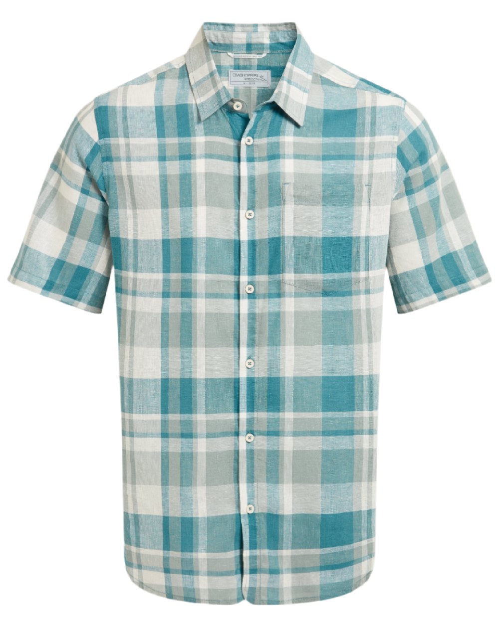Tranquil Blue Check Coloured Craghoppers Mens Argino Short Sleeved Shirt on white background 