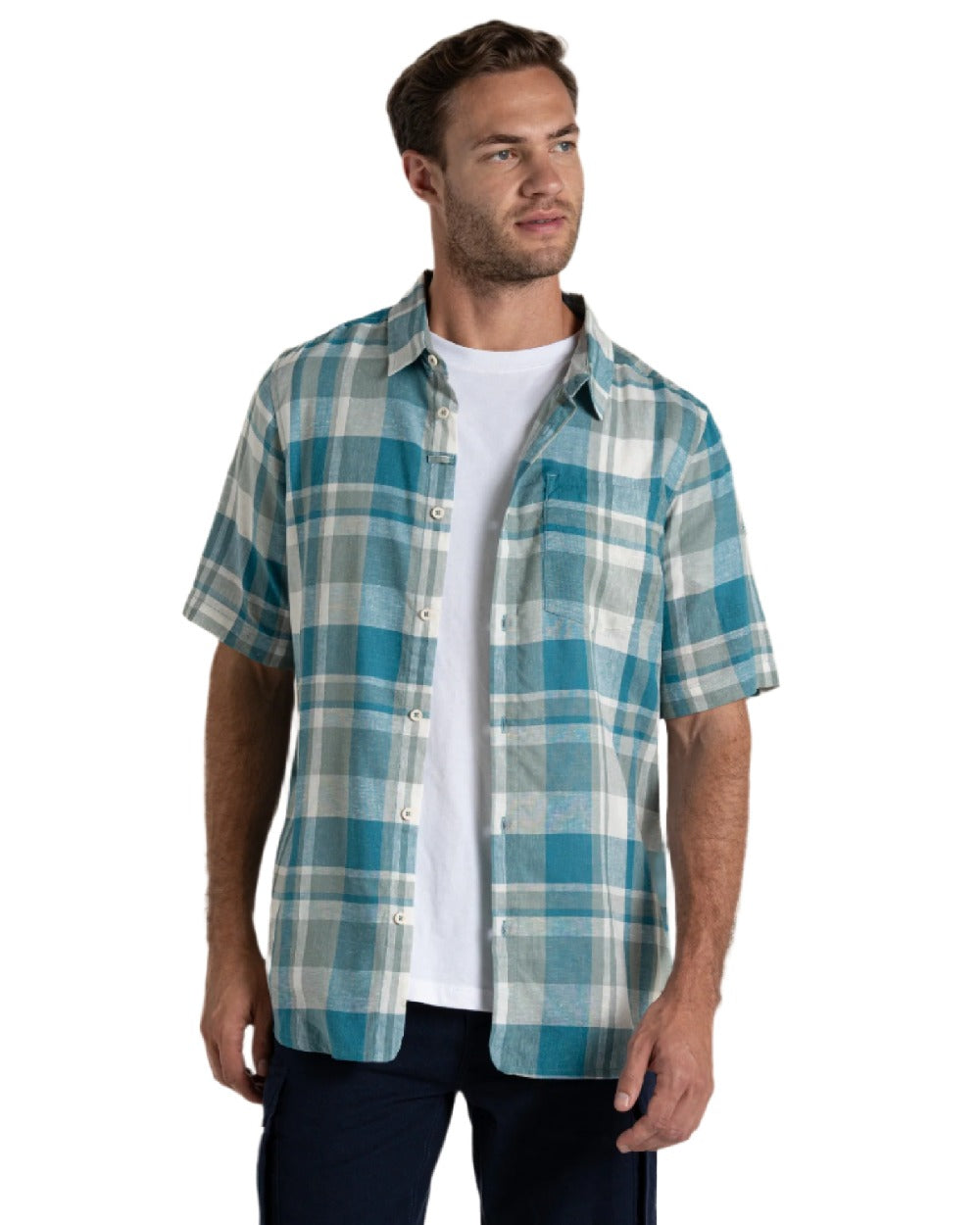 Tranquil Blue Check Coloured Craghoppers Mens Argino Short Sleeved Shirt on white background 
