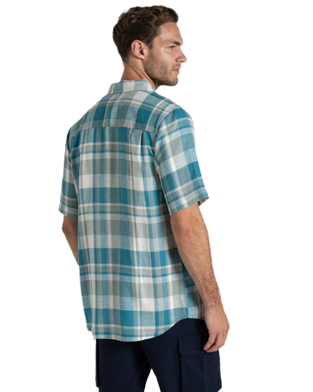 Tranquil Blue Check Coloured Craghoppers Mens Argino Short Sleeved Shirt on white background 
