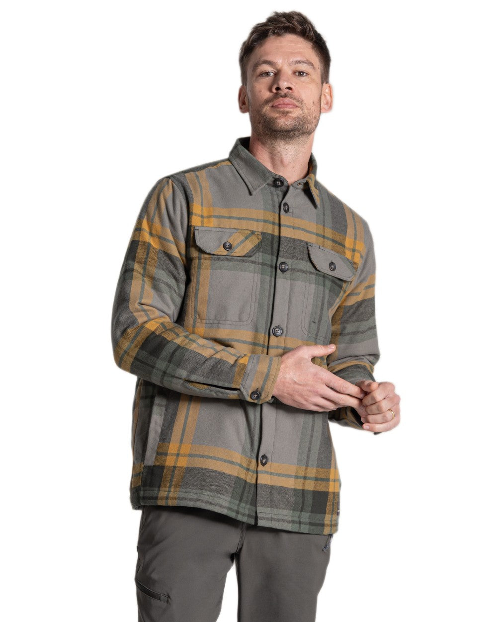 Lagano Green Check coloured Craghoppers Mens Burnbank Insulated Overshirt on white background 