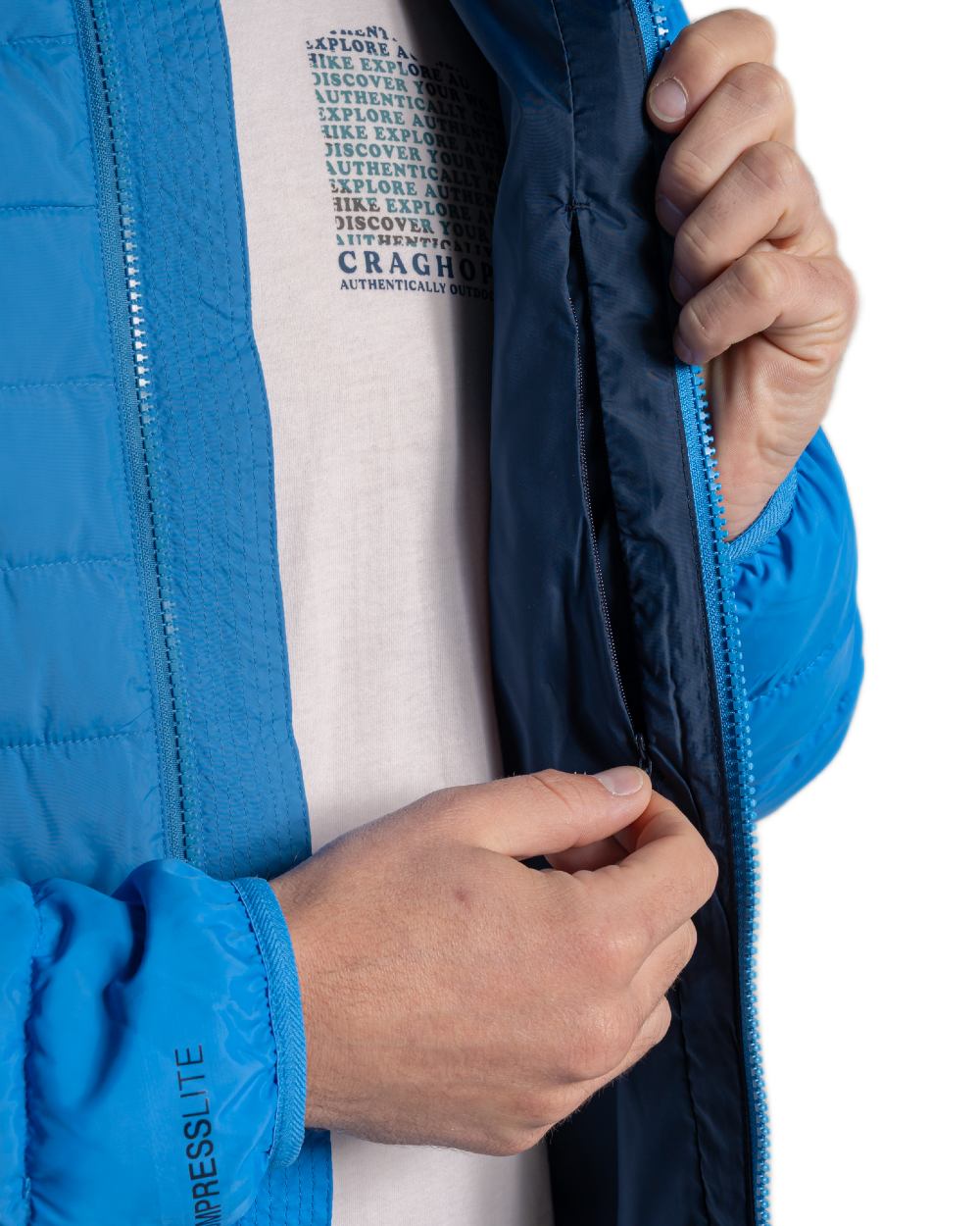 Azure Sky Coloured Craghoppers Mens Compresslite IX Hooded Insulating Jacket on white background 