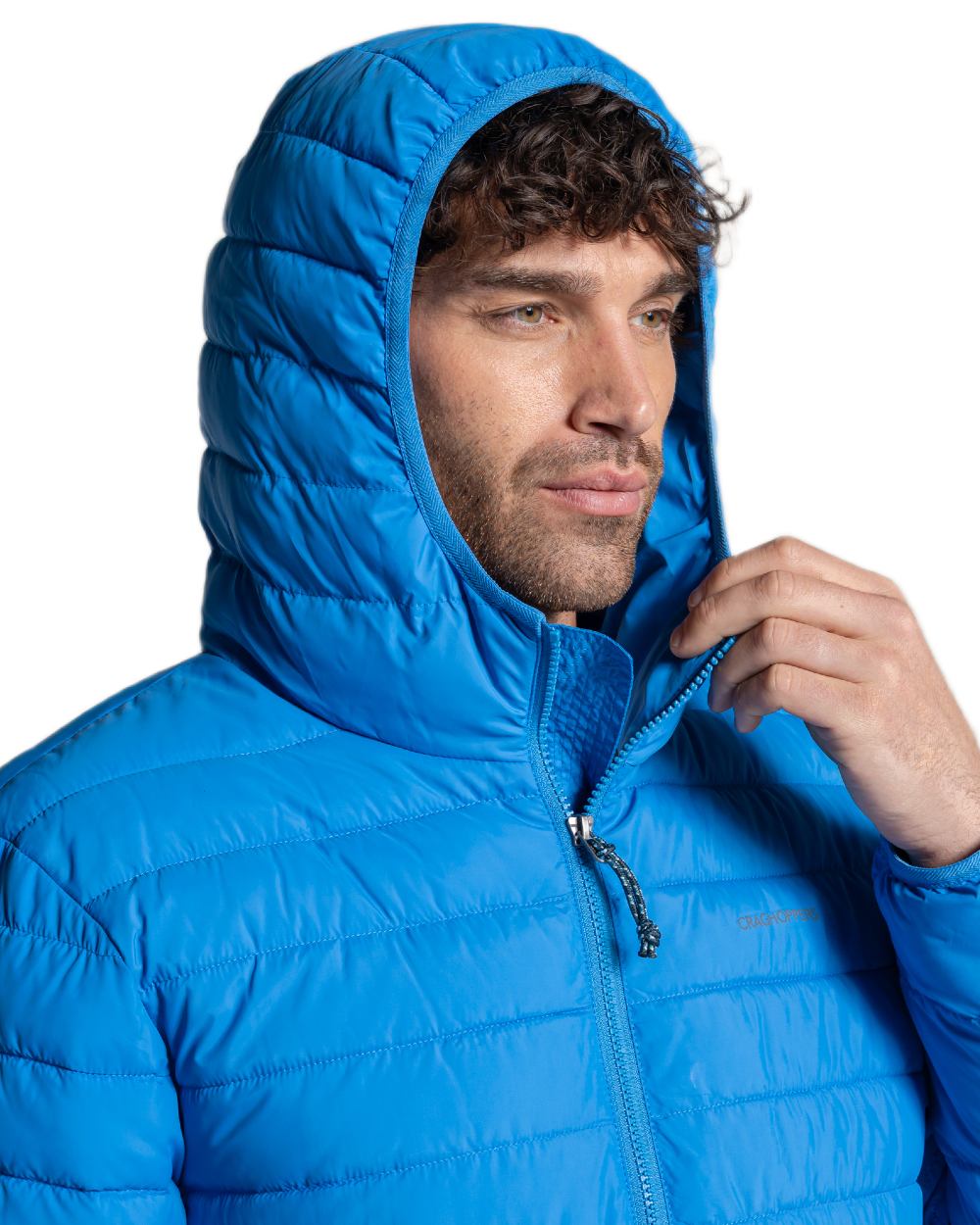 Azure Sky Coloured Craghoppers Mens Compresslite IX Hooded Insulating Jacket on white background 