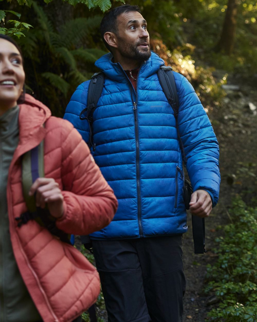 Azure Sky Coloured Craghoppers Mens Compresslite IX Hooded Insulating Jacket on forest background 