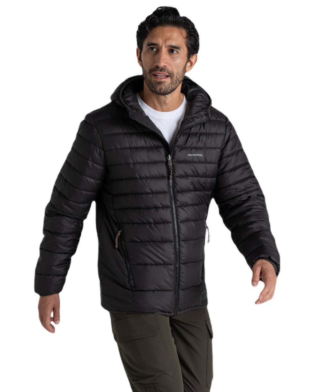 Black coloured Craghoppers Mens Compresslite IX Hooded Insulating Jacket on white background 