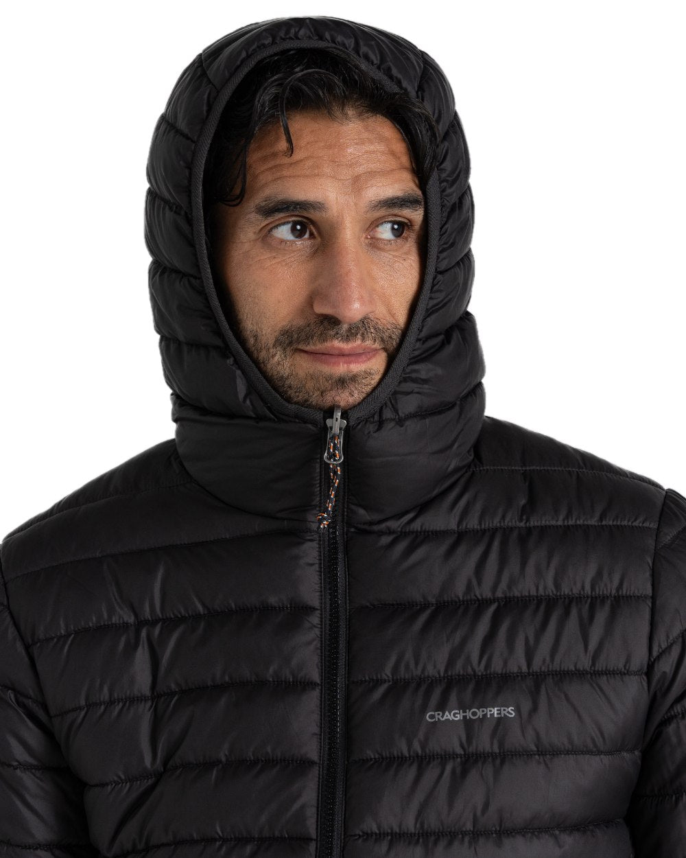 Black coloured Craghoppers Mens Compresslite IX Hooded Insulating Jacket on white background 
