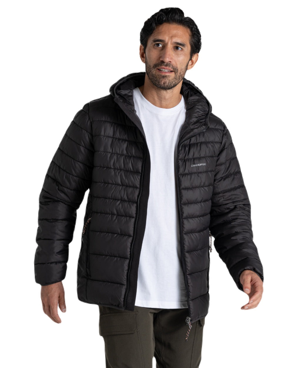 Black coloured Craghoppers Mens Compresslite IX Hooded Insulating Jacket on white background 