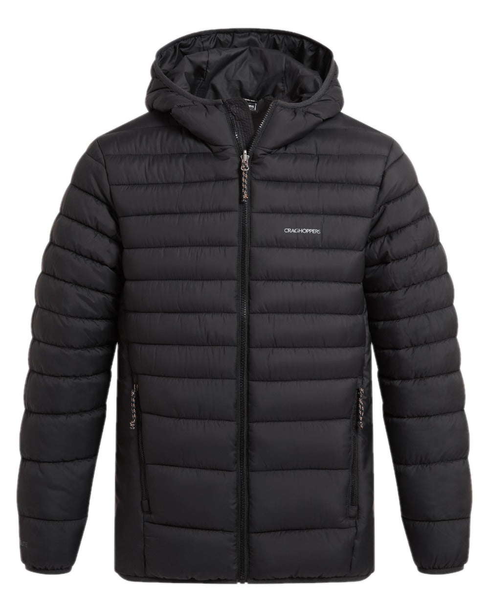 Black coloured Craghoppers Mens Compresslite IX Hooded Insulating Jacket on white background 