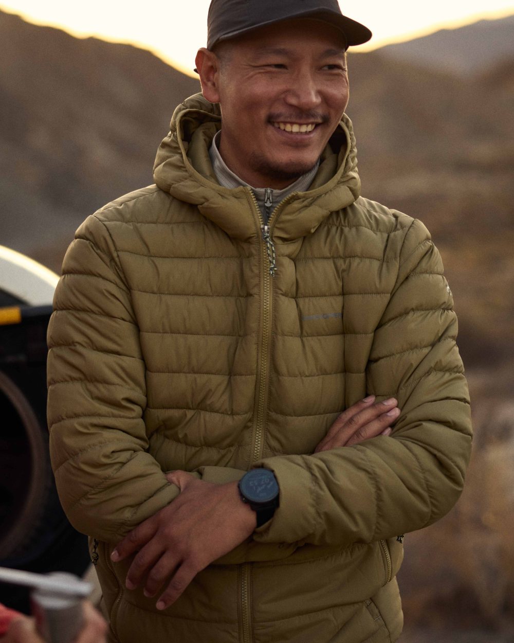 Cardamon Coloured Craghoppers Mens Compresslite IX Hooded Insulating Jacket on mountain background 