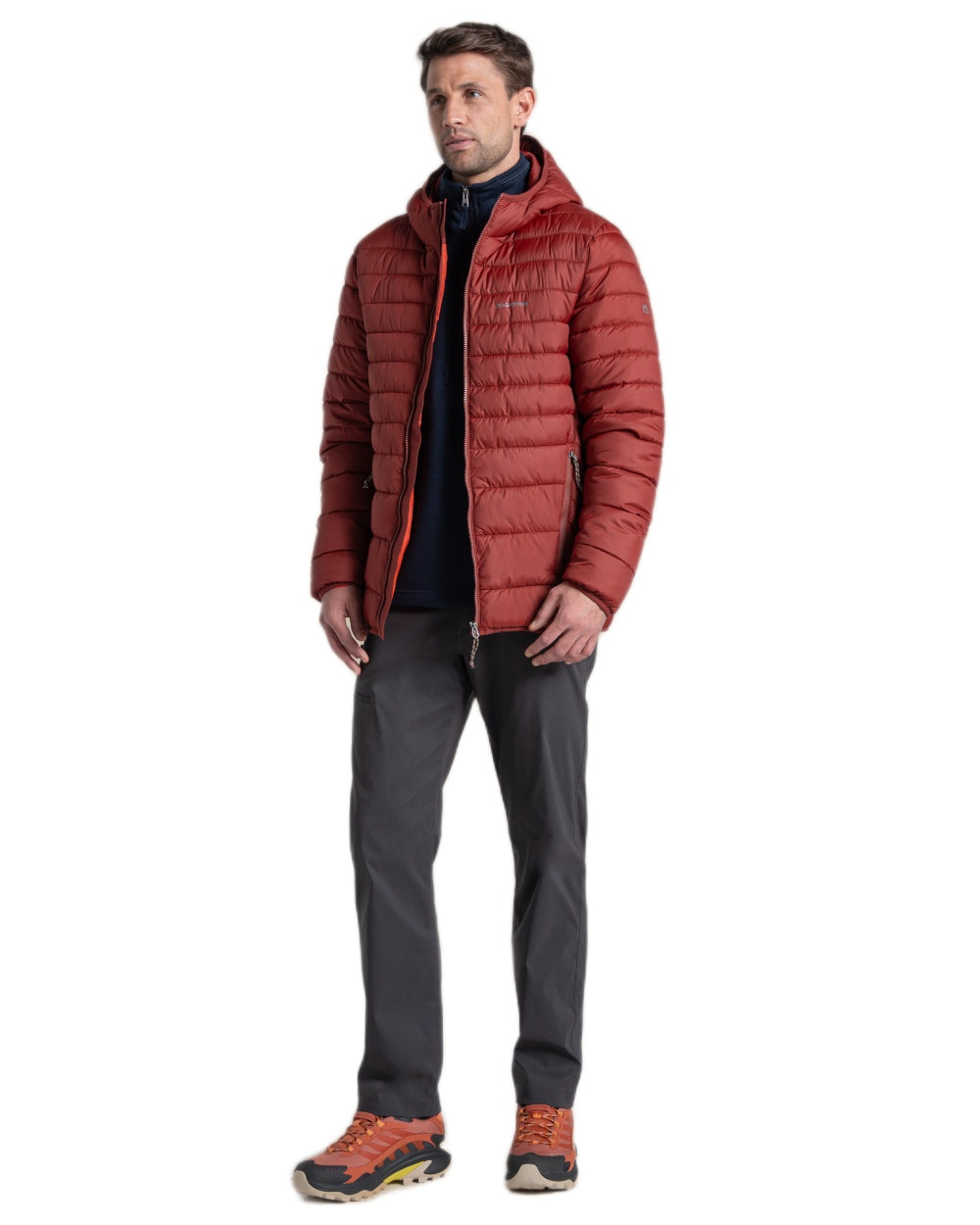 Red Jasper Coloured Craghoppers Mens Compresslite IX Hooded Insulating Jacket on white background 