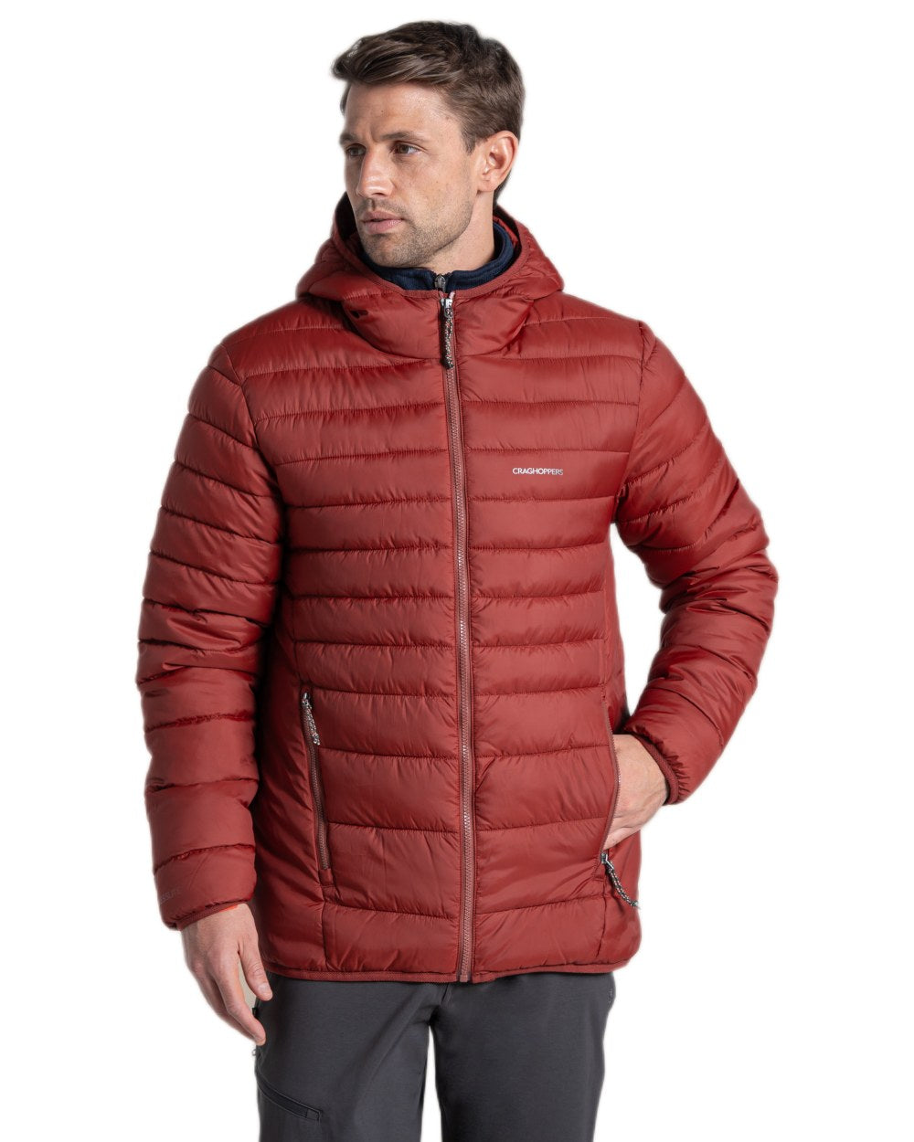 Red Jasper Coloured Craghoppers Mens Compresslite IX Hooded Insulating Jacket on white background 