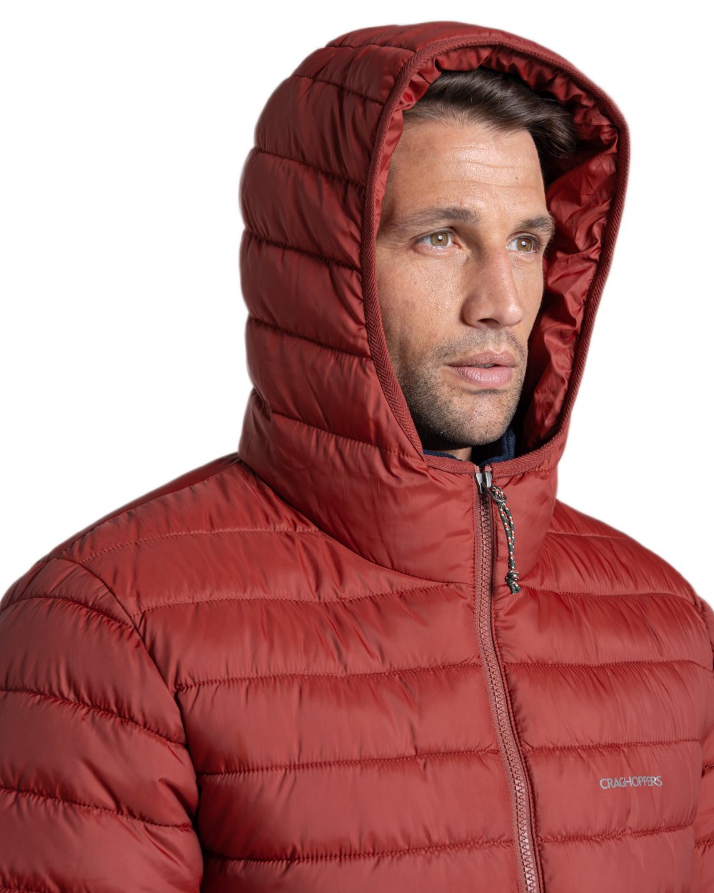 Red Jasper Coloured Craghoppers Mens Compresslite IX Hooded Insulating Jacket on white background 